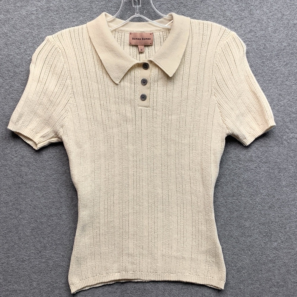 Romeo Romeo Pointelle Fitted Retro Polo Top Size M Cream Academia Stretch Soft